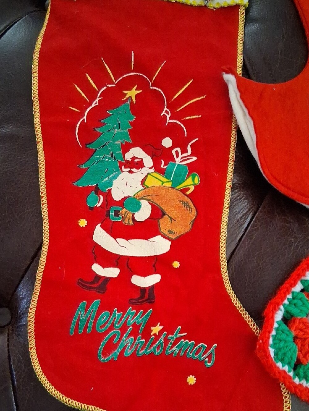Vintage Red Christmas Stockings Trio - Festive Santa & Crochet 1950's 1960's - Picture 2 of 8